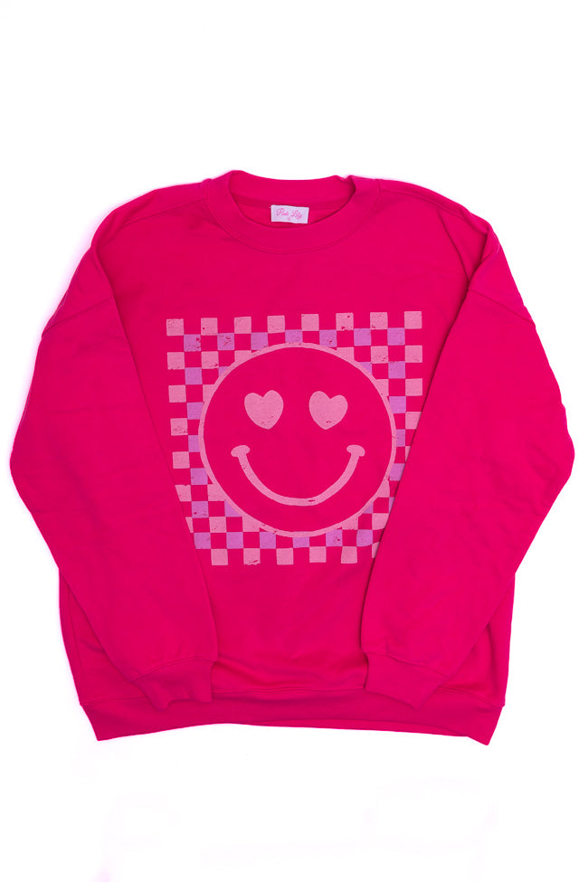 Checkered Pink Smiley Hot Pink Oversized Graphic Sweatshirt