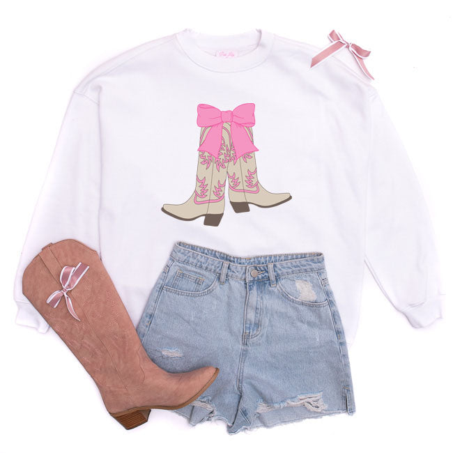 Boots and Bow White Oversized Graphic Sweatshirt