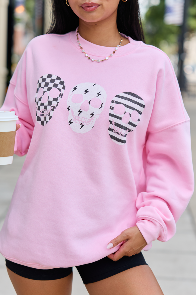 Skulls Trio Light Pink Graphic Sweatshirt