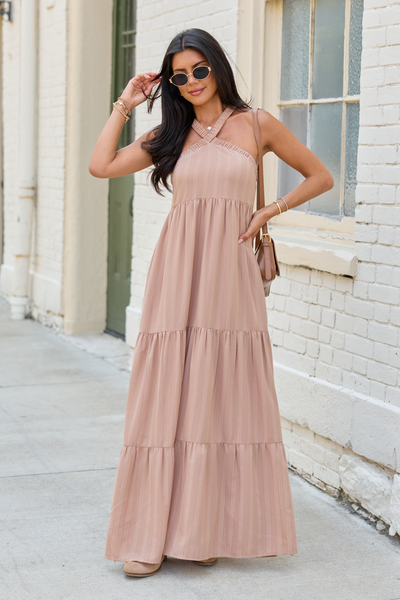 Crystal Taupe Halter Maxi Dress