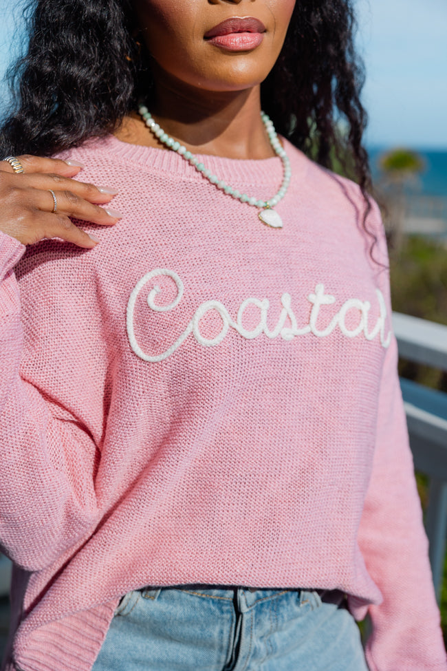 Off To The Beach Pink Coastal Script Sweater