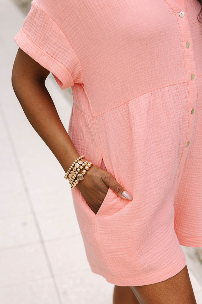 Loving The Sun Coral Gauze Button Up Romper