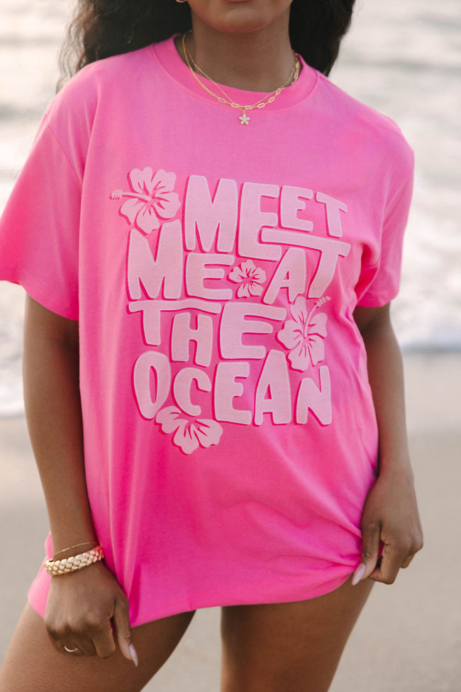 Meet Me At The Ocean Hot Pink Oversized Graphic Tee