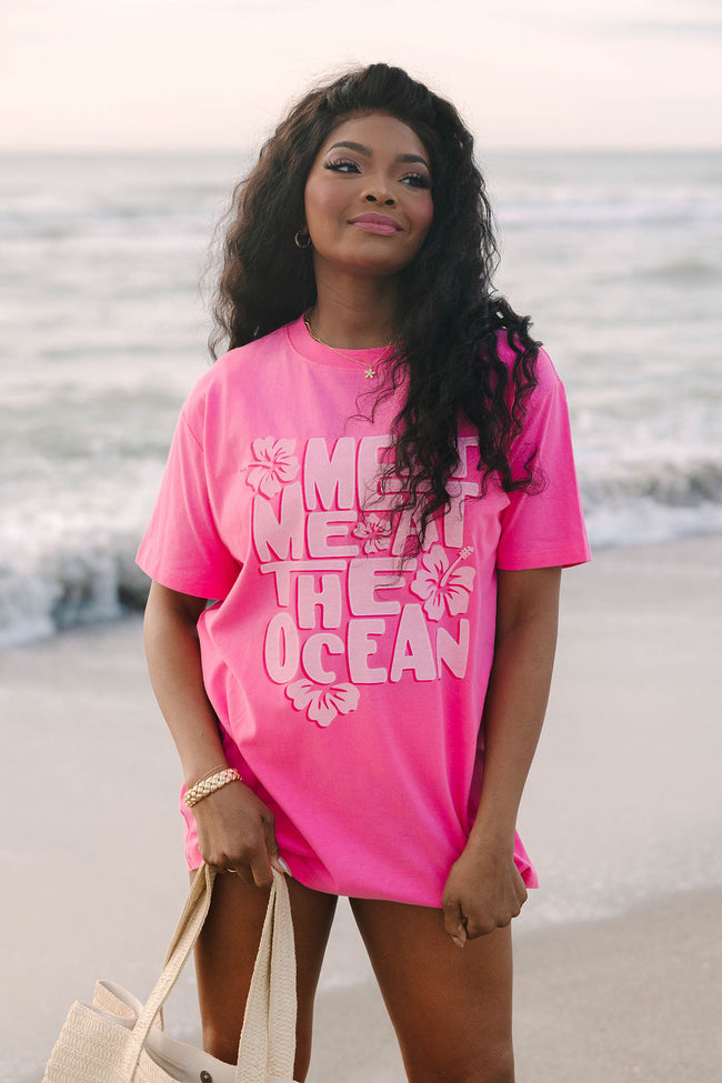 Meet Me At The Ocean Hot Pink Oversized Graphic Tee