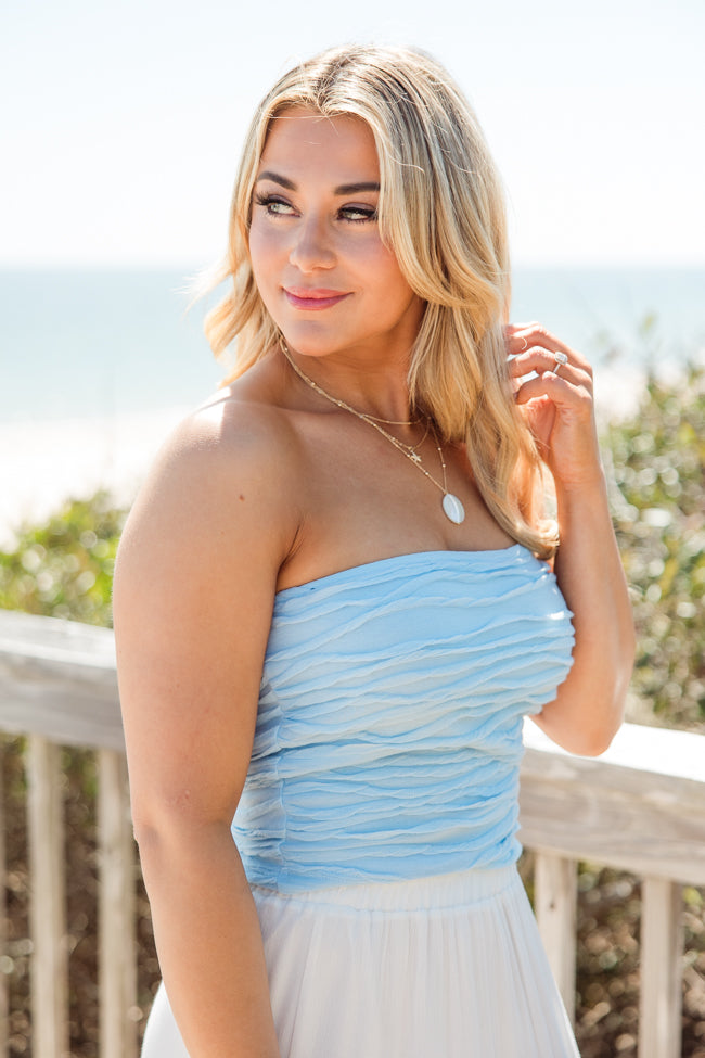 Taking Your Time Blue Textured Strapless Knit Top