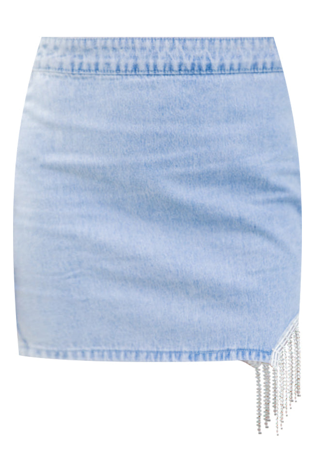 A Better Idea Light Wash Rhinestone Fringe Hem Detail Denim Skirt