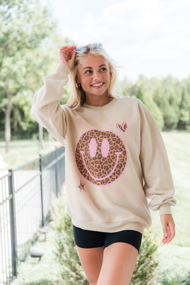 Leopard Smiley Face Light Tan Oversized Graphic Sweatshirt DOORBUSTER