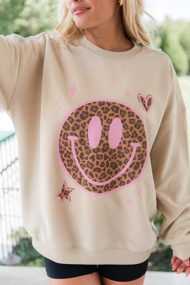 Leopard Smiley Face Light Tan Oversized Graphic Sweatshirt DOORBUSTER