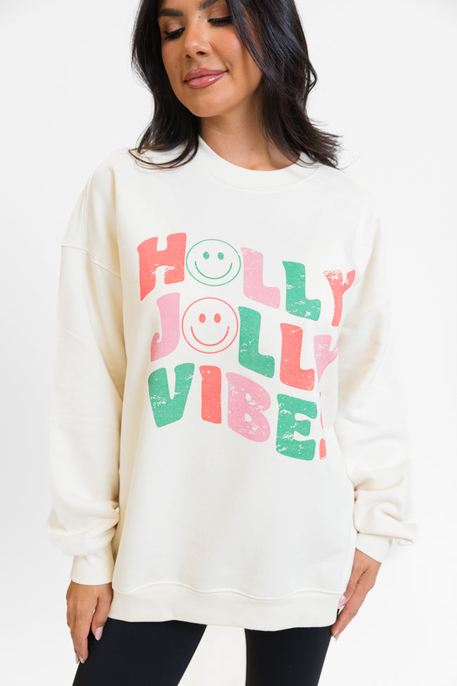 Holly Jolly Vibes Cream Oversized Graphic Sweatshirt