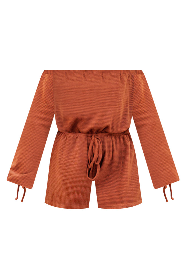 A Darling Day Rust Waffle Knit Off The Shoulder Romper FINAL SALE