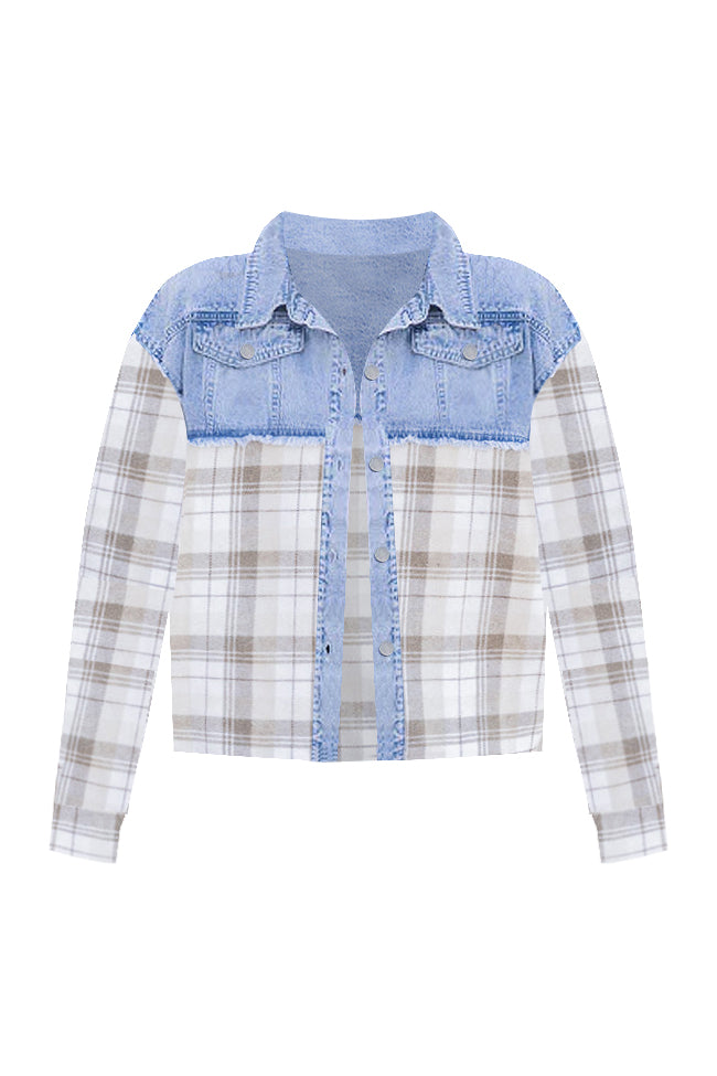 A Different Direction Ivory And Beige Plaid Detail Denim Jacket