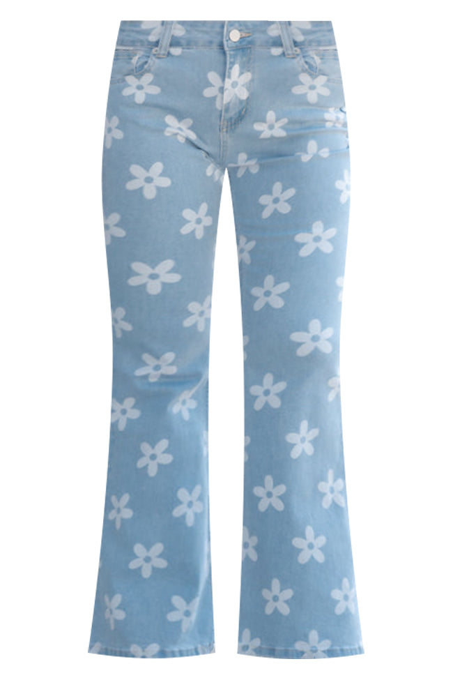 A Different Path Daisy Print Flare Jeans