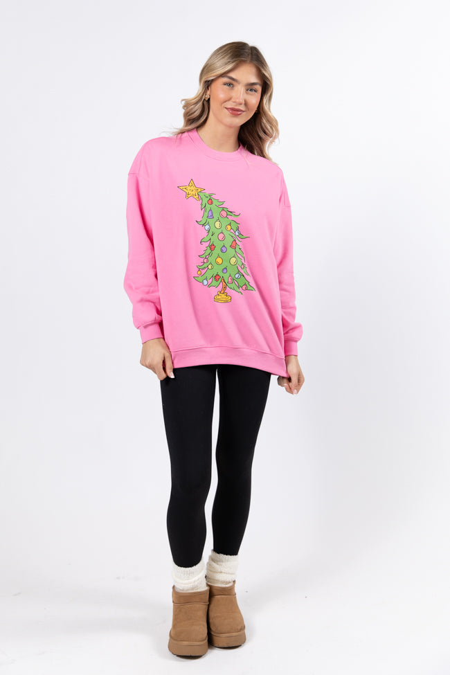 Christmas Tree Pink Oversized Graphic Sweatshirt