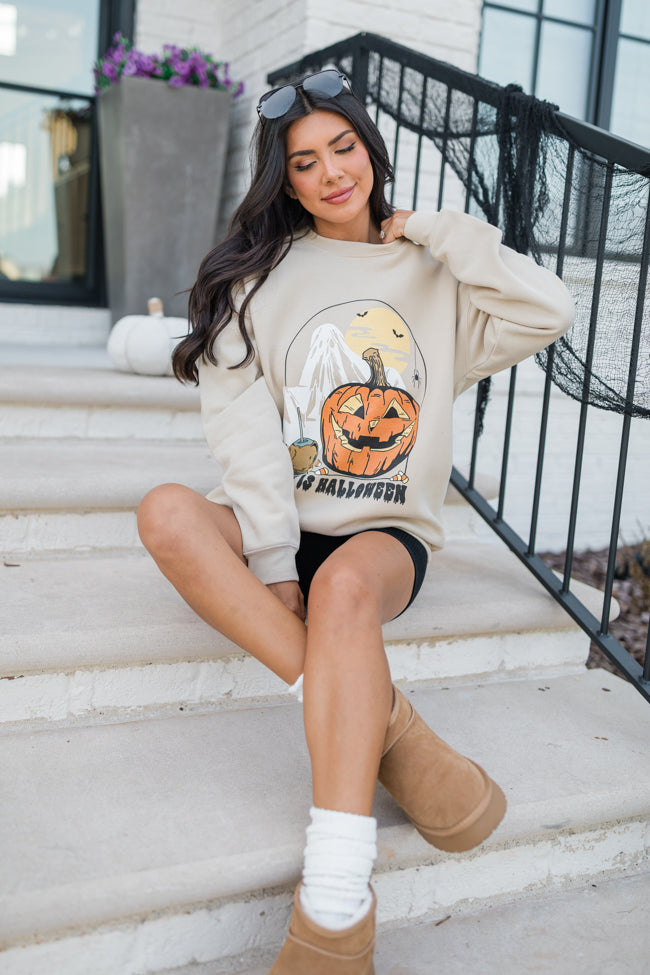 This Is Halloween Light Tan Oversized Graphic Sweatshirt Macy Blackwell X Pink Lily