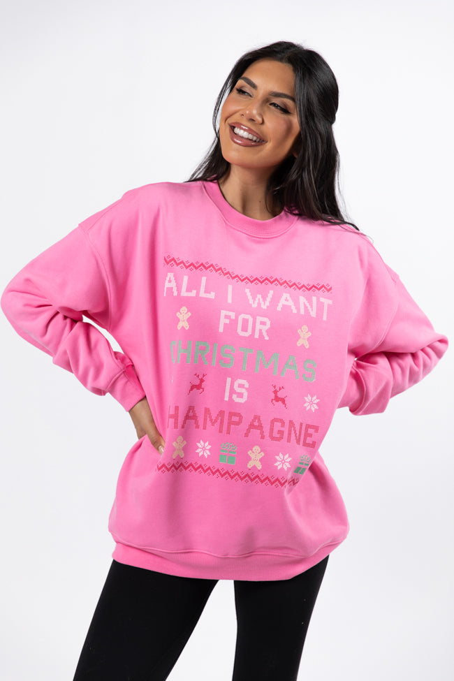 All I Want For Christmas Is Champagne Pink Oversized Graphic Sweatshirt