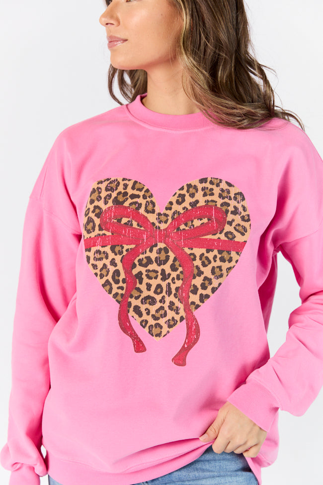 Leopard Heart Red Bow Pink Oversized Graphic Sweatshirt