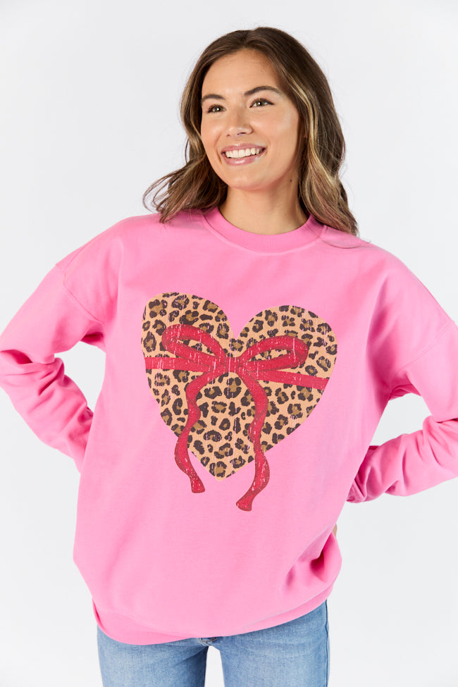 Leopard Heart Red Bow Pink Oversized Graphic Sweatshirt