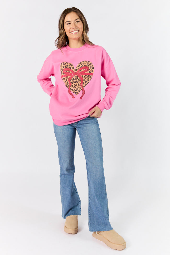 Leopard Heart Red Bow Pink Oversized Graphic Sweatshirt