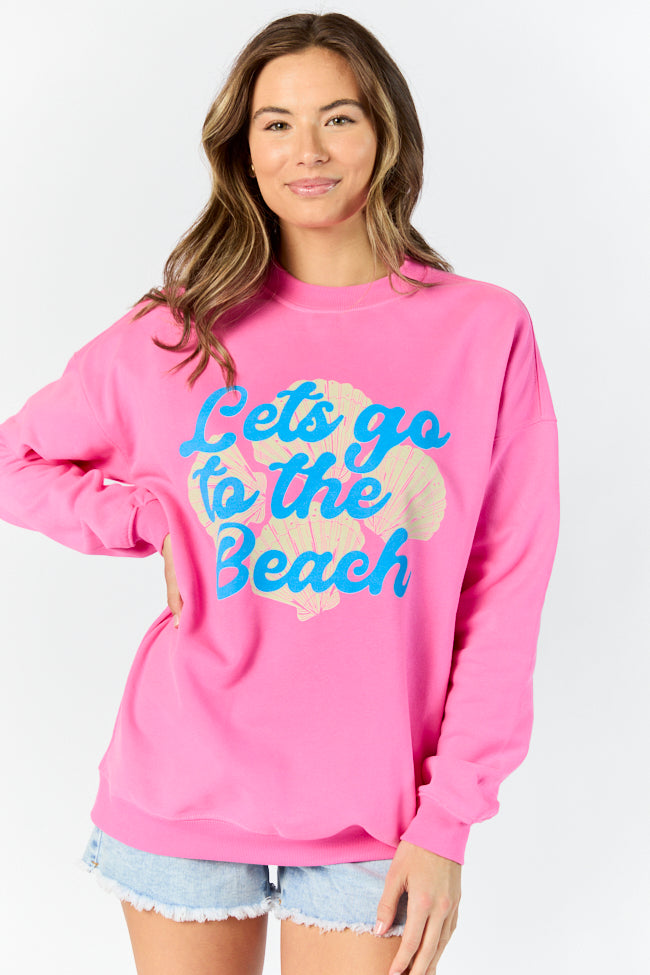 Let's Go To The Beach Pink Oversized Graphic Sweatshirt