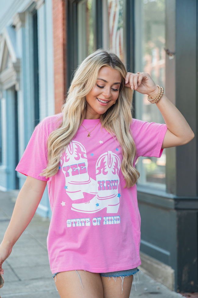 Yee Haw State Of Mind Hot Pink Oversized Graphic Tee