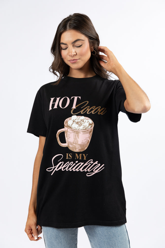 Hot Cocoa Is My Speciality Black Oversized Graphic Tee DOORBUSTER