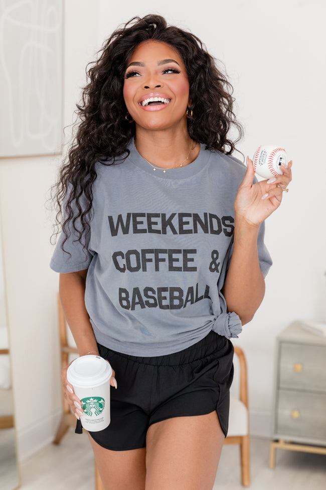 Weekends Coffee and Baseball Grey Oversized Graphic Tee