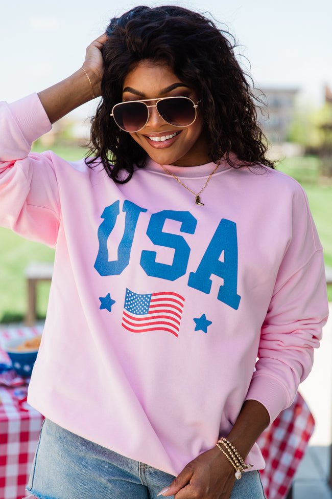 USA Flag Light Pink Oversized Graphic Sweatshirt