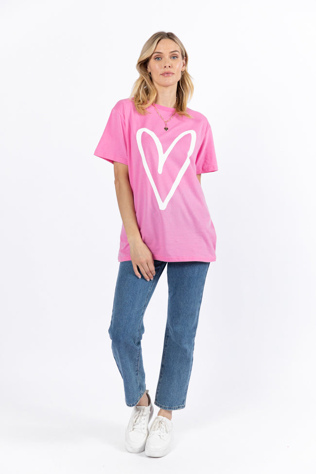 Heart Sketch Hot Pink Oversized Graphic Tee