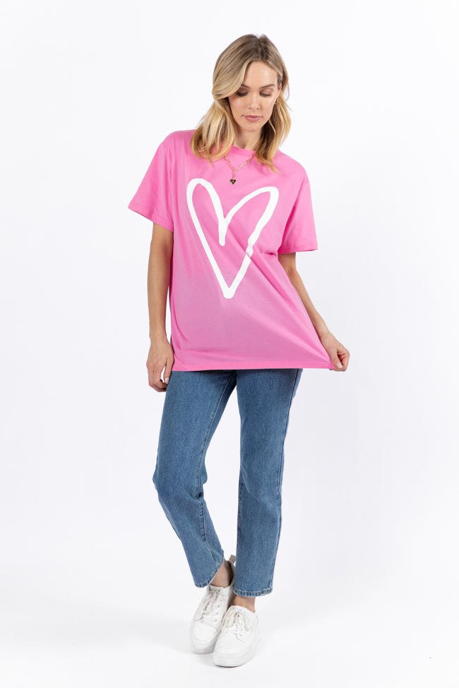 Heart Sketch Hot Pink Oversized Graphic Tee