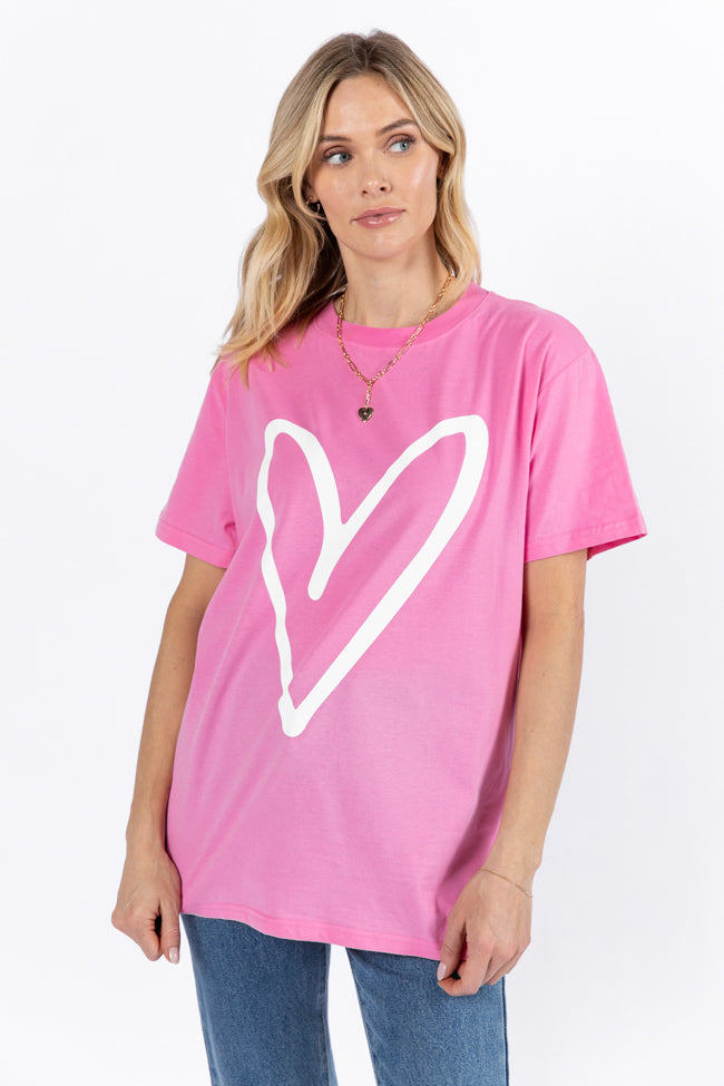 Heart Sketch Hot Pink Oversized Graphic Tee