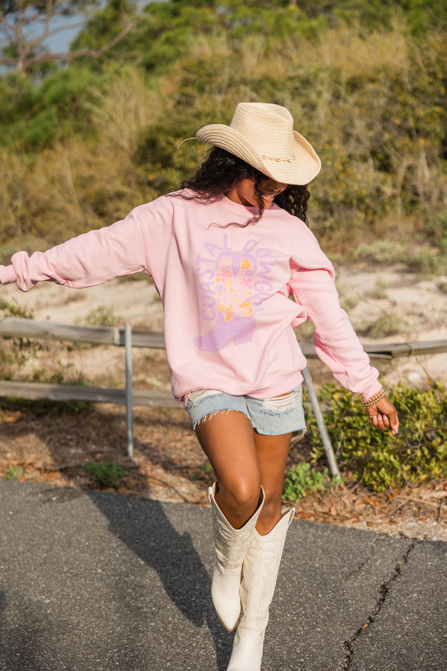 Coastal Cowgirl Floral Boot Light Pink Oversized Graphic Sweatshirt