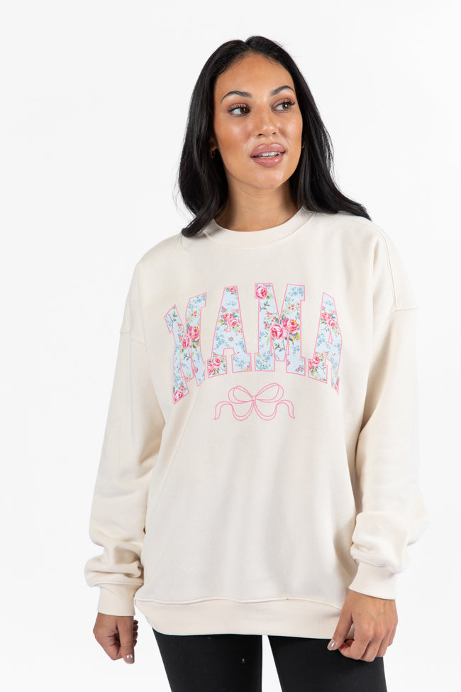 Mama Floral Bow Cream Oversized Graphic Sweatshirt DOORBUSTER