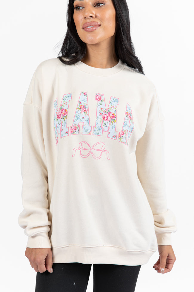 Mama Floral Bow Cream Oversized Graphic Sweatshirt DOORBUSTER