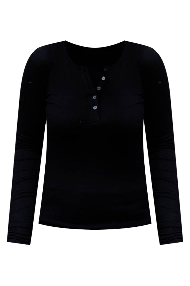 All The Better Black Ribbed Knit Henley Long Sleeve Tee