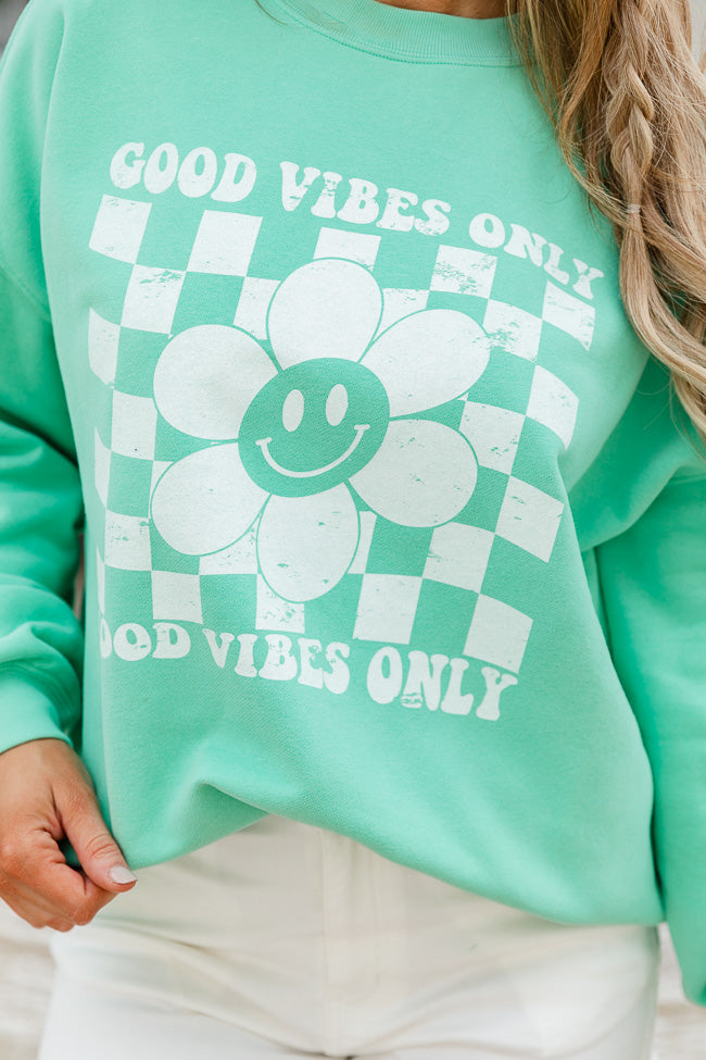 Good Vibes Only Smiley Checkered Lime Oversized Graphic Sweatshirt
