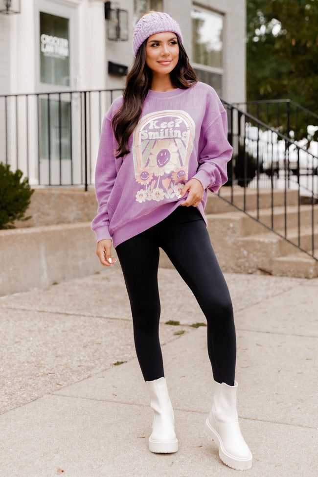 Keep Smiling Purple Corded Graphic Sweatshirt – Pink Lily