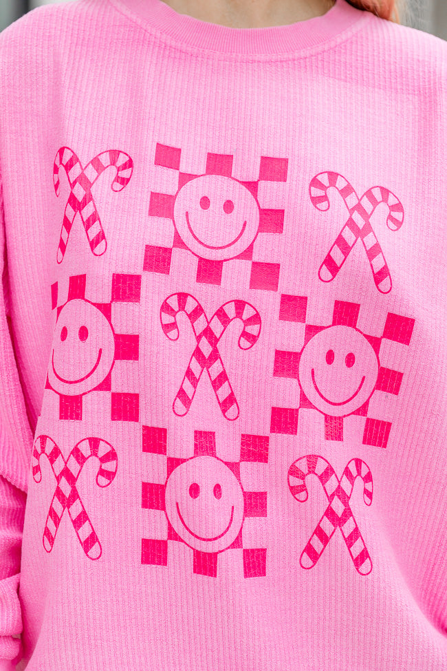 Checkered Candy Cane Hot Pink Corded Sweatshirt