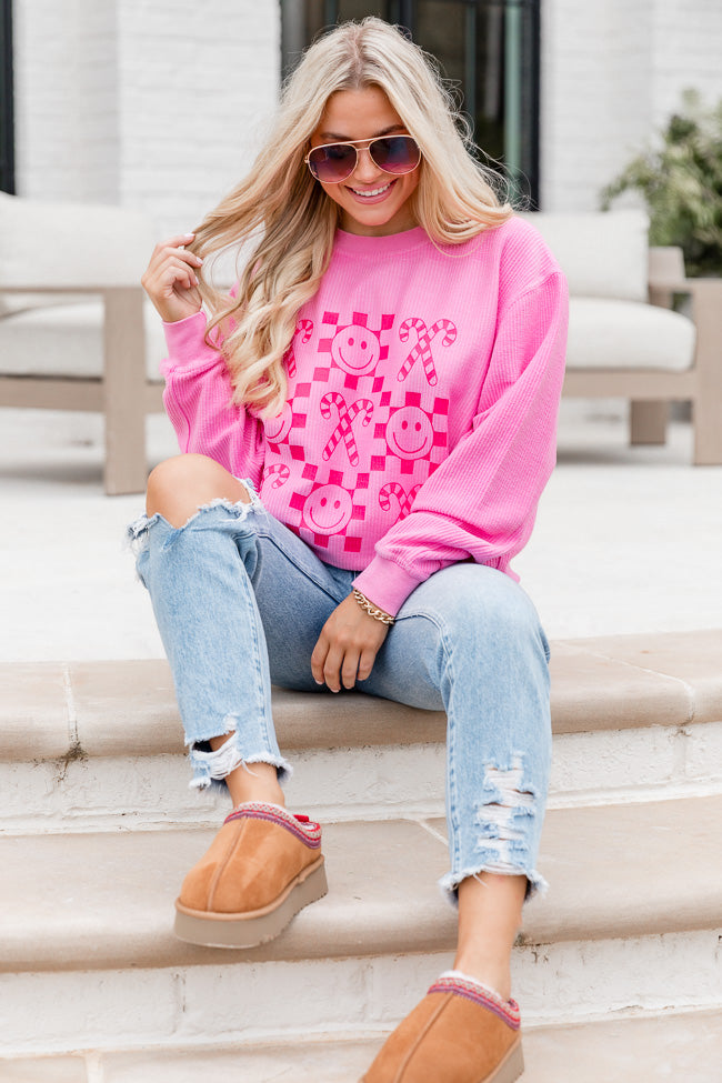 Checkered Candy Cane Hot Pink Corded Sweatshirt