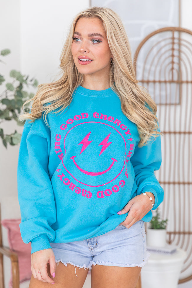 Bring Good Energy Aqua Oversized Graphic Sweatshirt