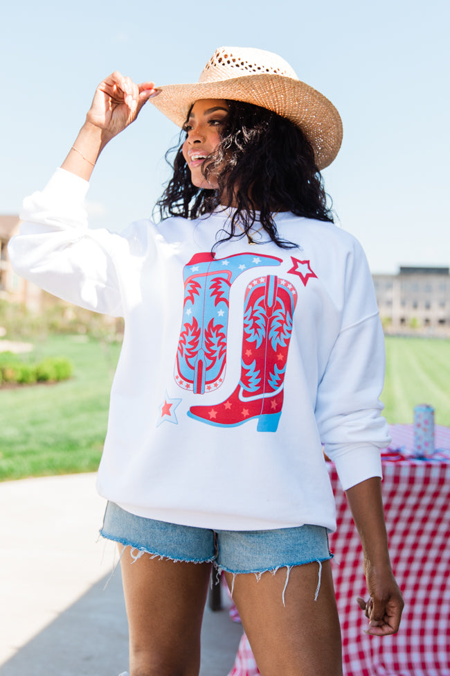 Red White and Boots White Oversized Graphic Sweatshirt