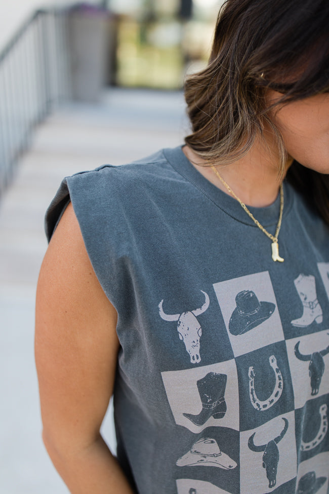 Country Checkered Faded Black Muscle Graphic Tank