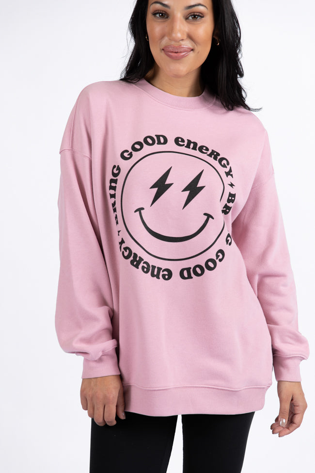 Bring Good Energy Mauve Oversized Graphic Sweatshirt DOORBUSTER