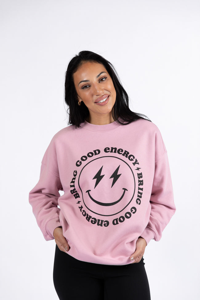 Bring Good Energy Mauve Oversized Graphic Sweatshirt DOORBUSTER