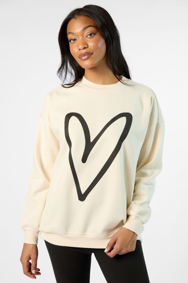 Black Heart Sketch Cream Oversized Graphic Sweatshirt