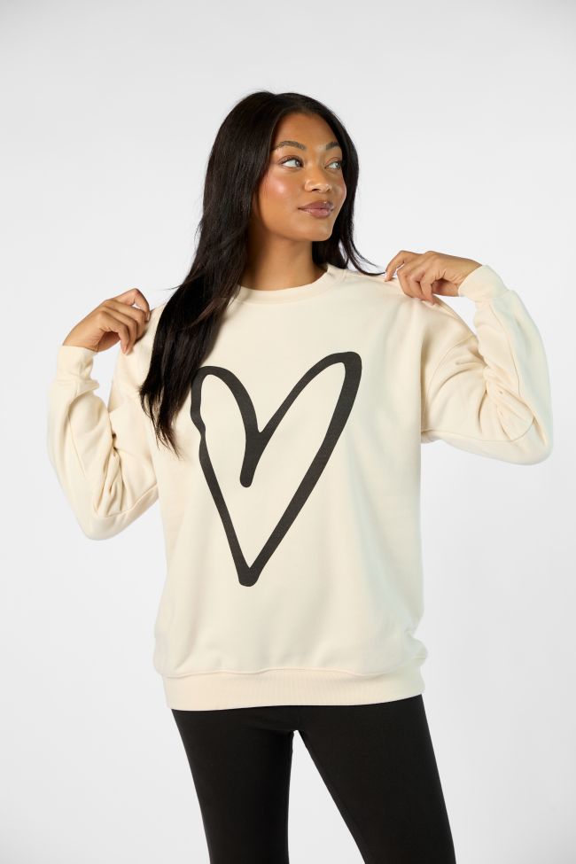 Black Heart Sketch Cream Oversized Graphic Sweatshirt