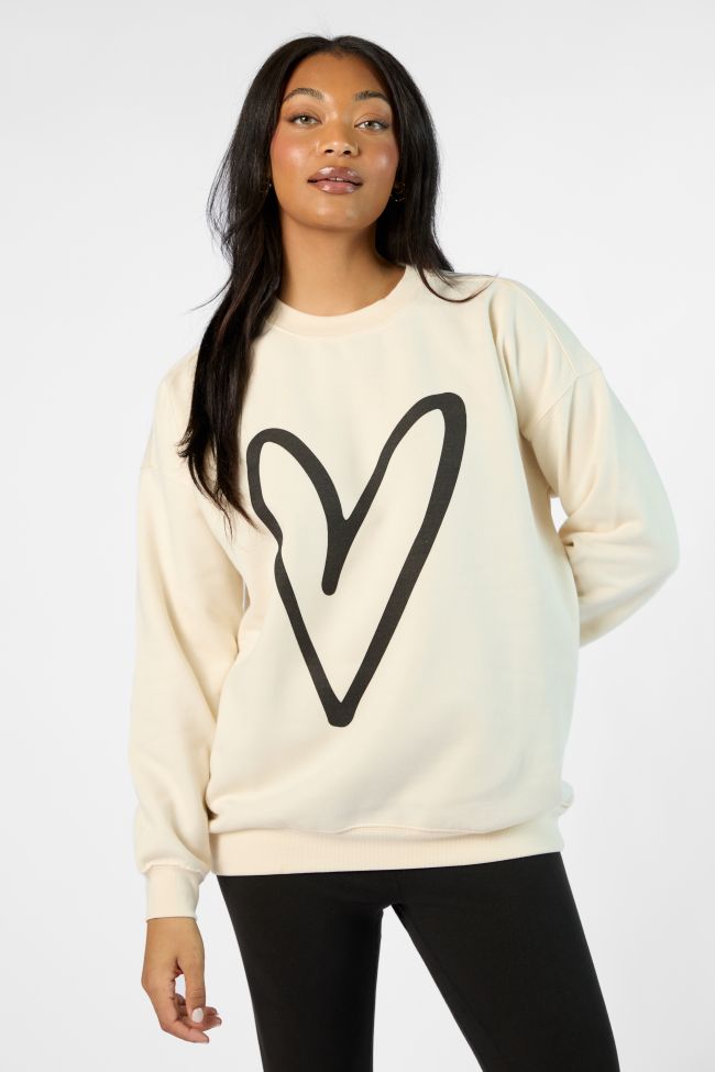 Black Heart Sketch Cream Oversized Graphic Sweatshirt