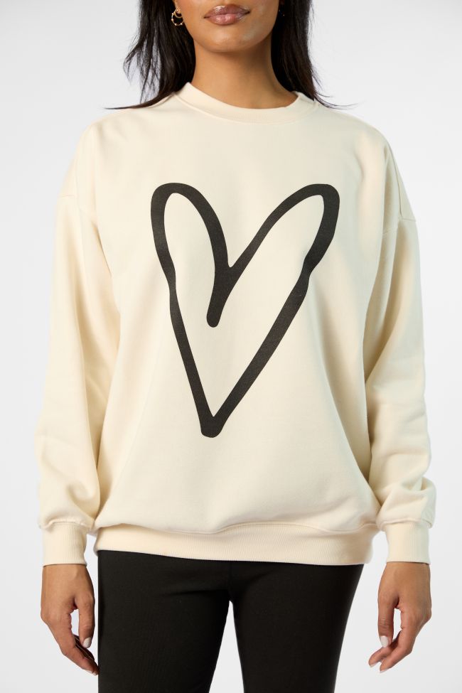 Black Heart Sketch Cream Oversized Graphic Sweatshirt