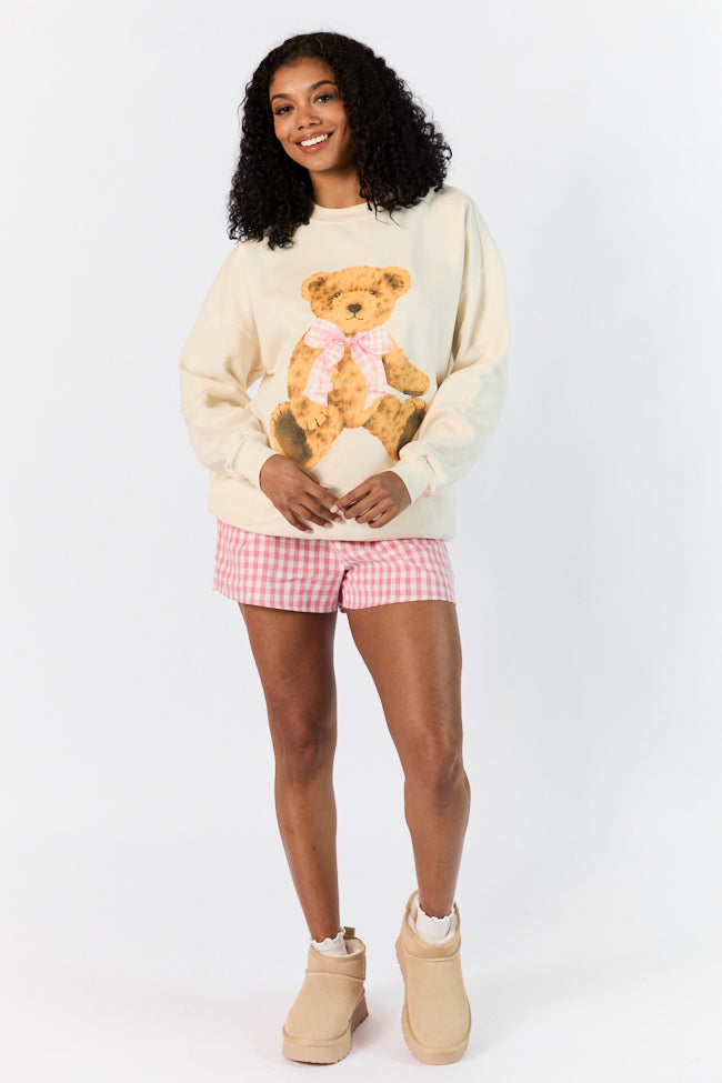 Vintage Teddy Bear Gingham Bow Cream Oversized Graphic Sweatshirt