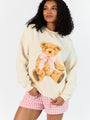 Vintage Teddy Bear Gingham Bow Cream Oversized Graphic Sweatshirt