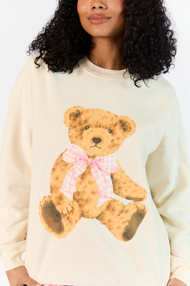 Vintage Teddy Bear Gingham Bow Cream Oversized Graphic Sweatshirt